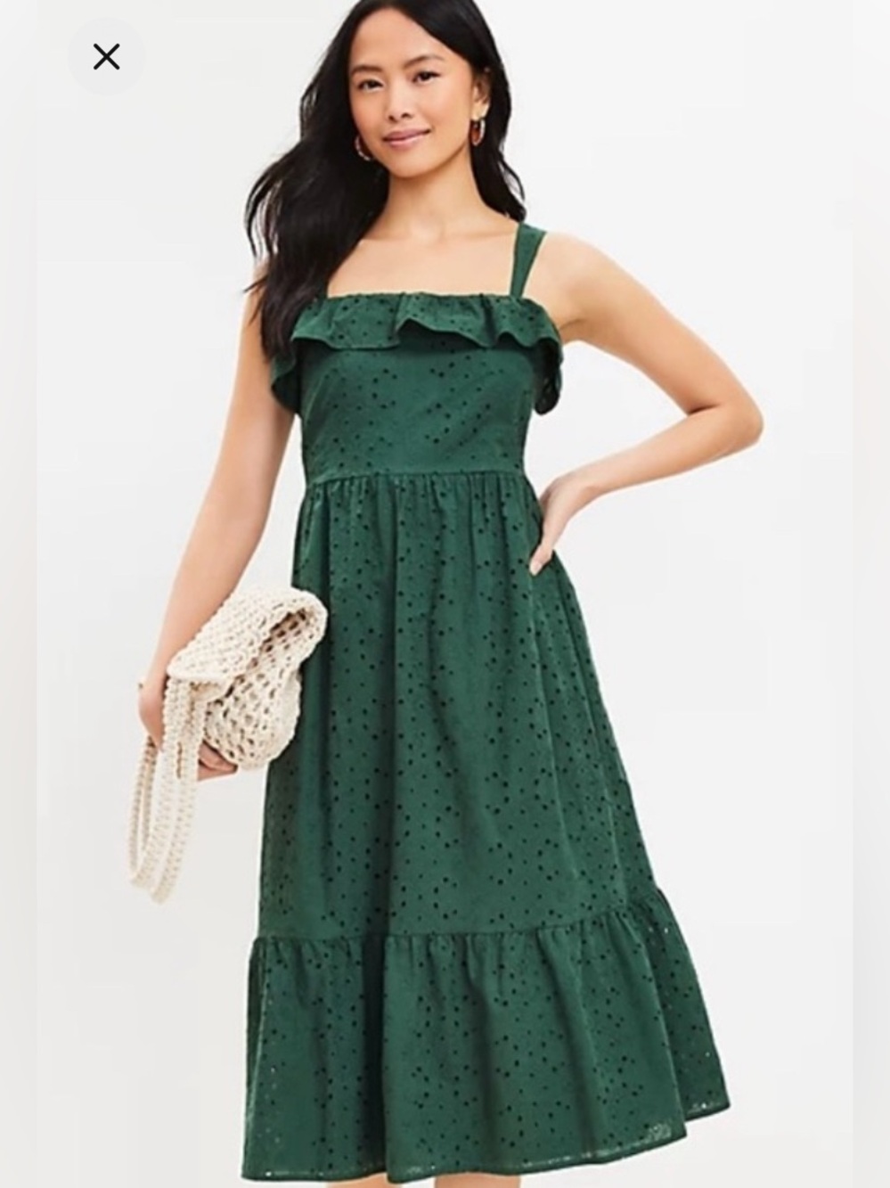 LOFT Forest Green Eyelet Midi Dress with Ruffle Yoke